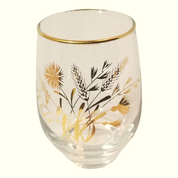 Vintage Set 4 Libbey Roly Poly Golden Wheat & Flower Drinking Glasses Tumblers - Picture 3 of 5
